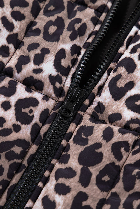 Leopard Quilted Full Zip Stand Collar Puffer Vest